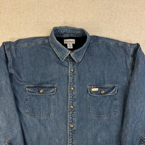 Vintage Carhartt Jacket Men's XL Tall Blue Denim Fleece Lined Shacket S115DST - Picture 2 of 9